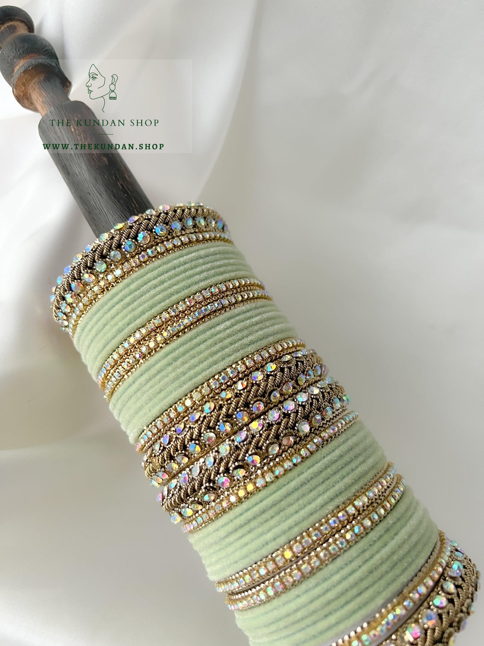 Iridescent Stones & Velvet in Mint Bangles THE KUNDAN SHOP 