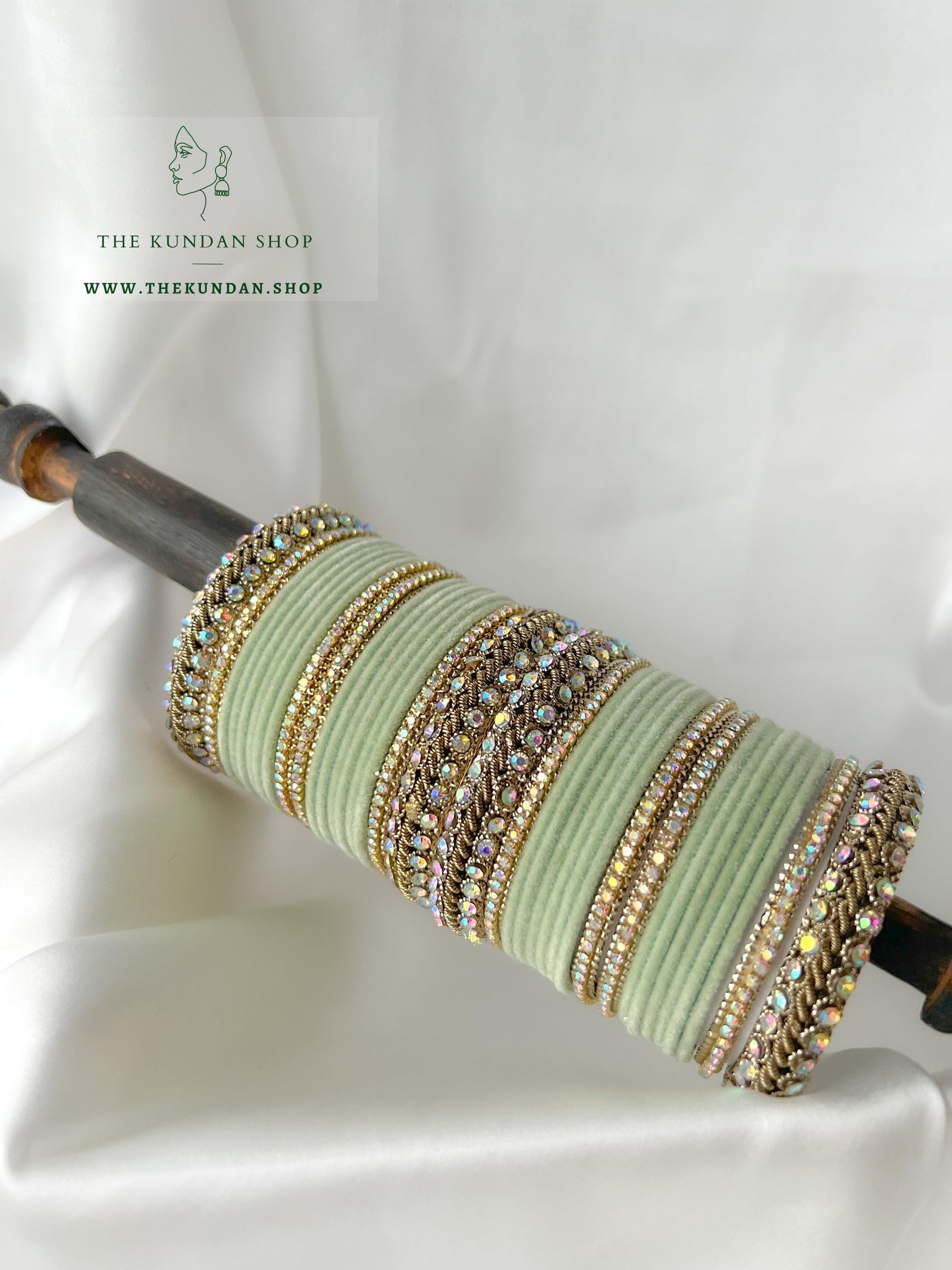 Iridescent Stones & Velvet in Mint Bangles THE KUNDAN SHOP 