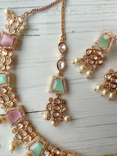 Straight Forward in Mint & Pink Necklace Sets THE KUNDAN SHOP 