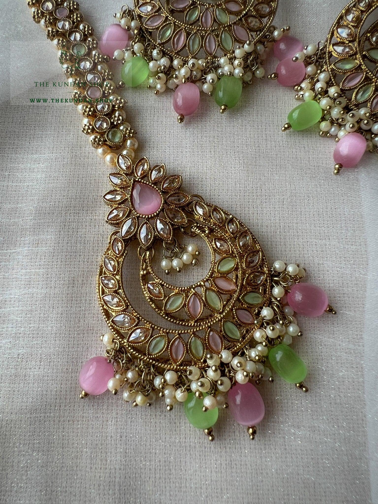 Candor in Mint & Pink Earrings + Tikka THE KUNDAN SHOP 