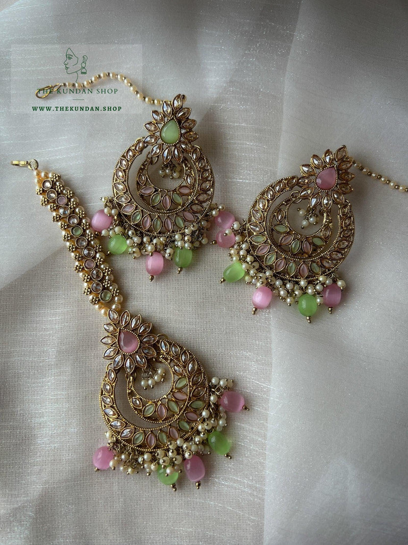 Candor in Mint & Pink Earrings + Tikka THE KUNDAN SHOP 