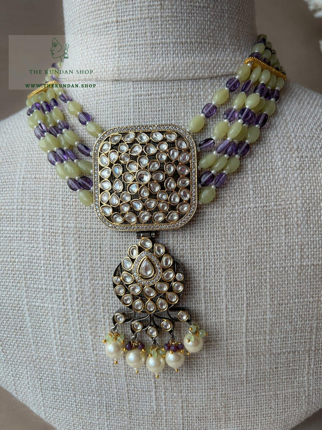 Floral Pendant in Sage &amp; Purple Necklace Sets THE KUNDAN SHOP 