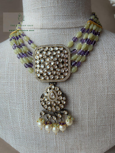 Floral Pendant in Sage & Purple Necklace Sets THE KUNDAN SHOP 