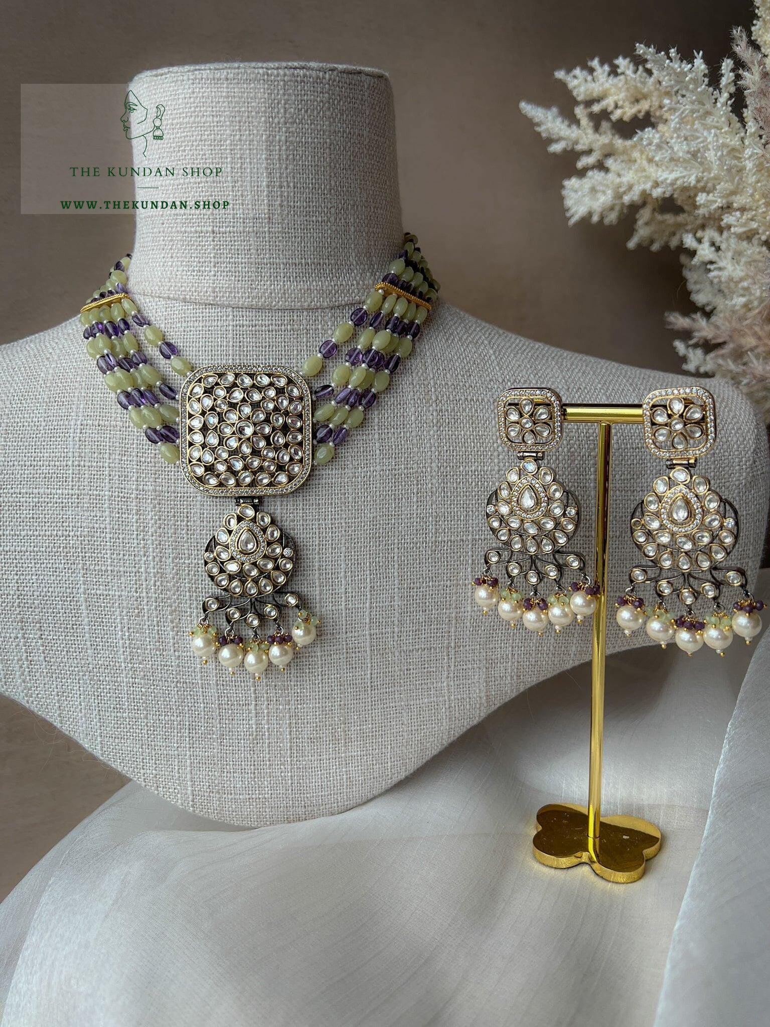Floral Pendant in Sage & Purple Necklace Sets THE KUNDAN SHOP 