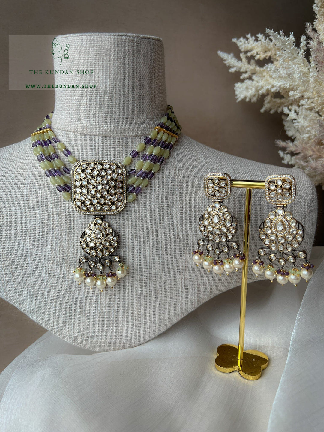Floral Pendant in Sage &amp; Purple Necklace Sets THE KUNDAN SHOP 