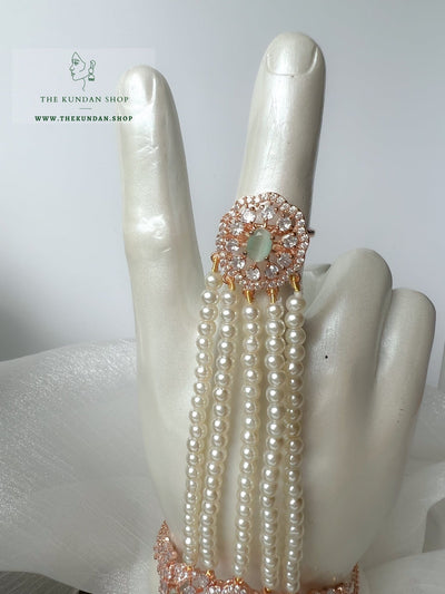 Beauties Hand Piece in Rose Gold & Mint Ring THE KUNDAN SHOP 