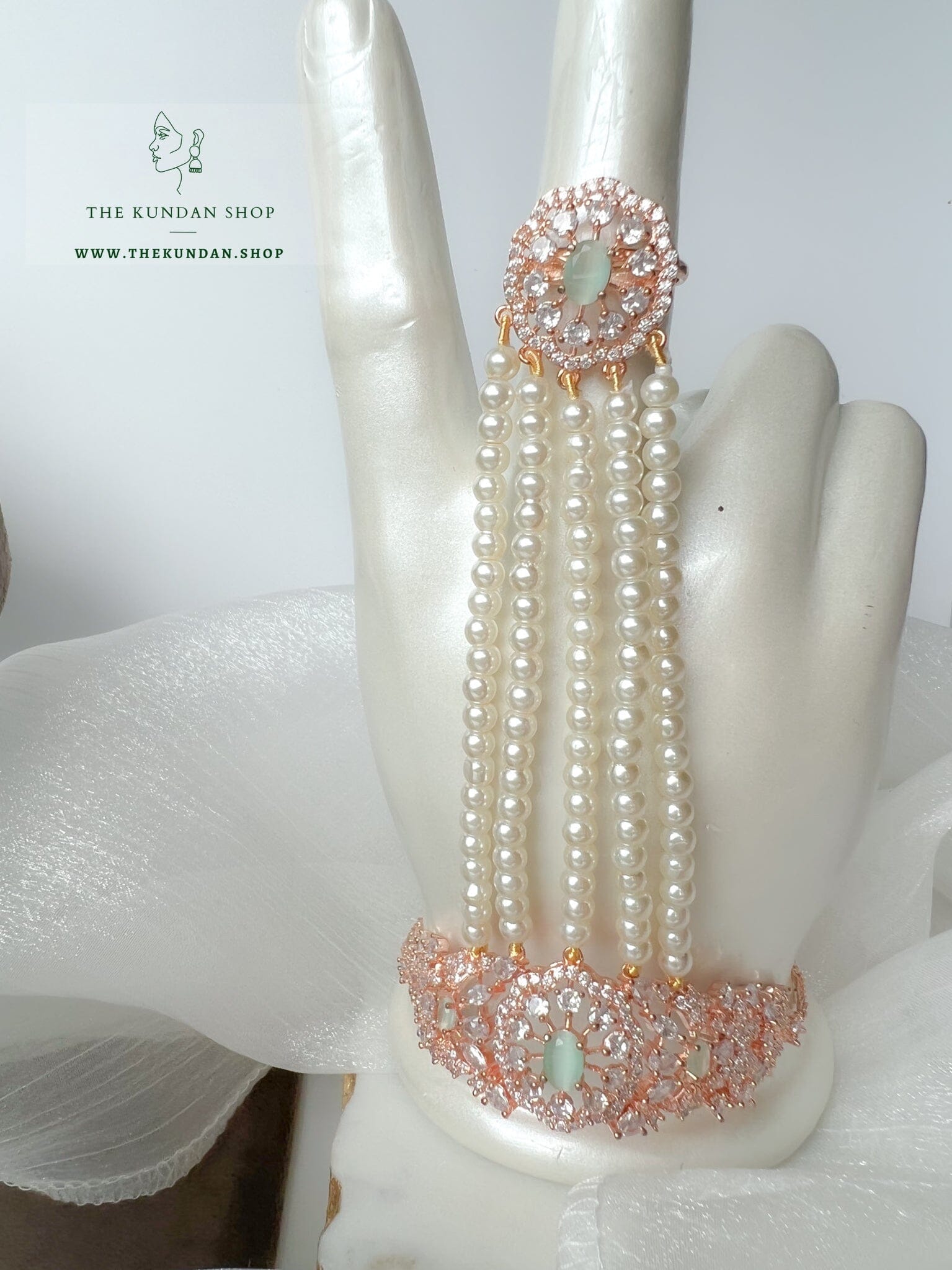 Beauties Hand Piece in Rose Gold & Mint Ring THE KUNDAN SHOP 