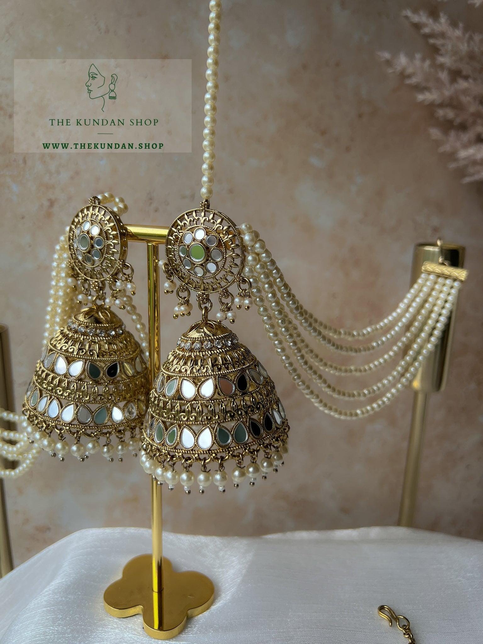 Glister Jhumkis in Champagne Earrings + Tikka THE KUNDAN SHOP 