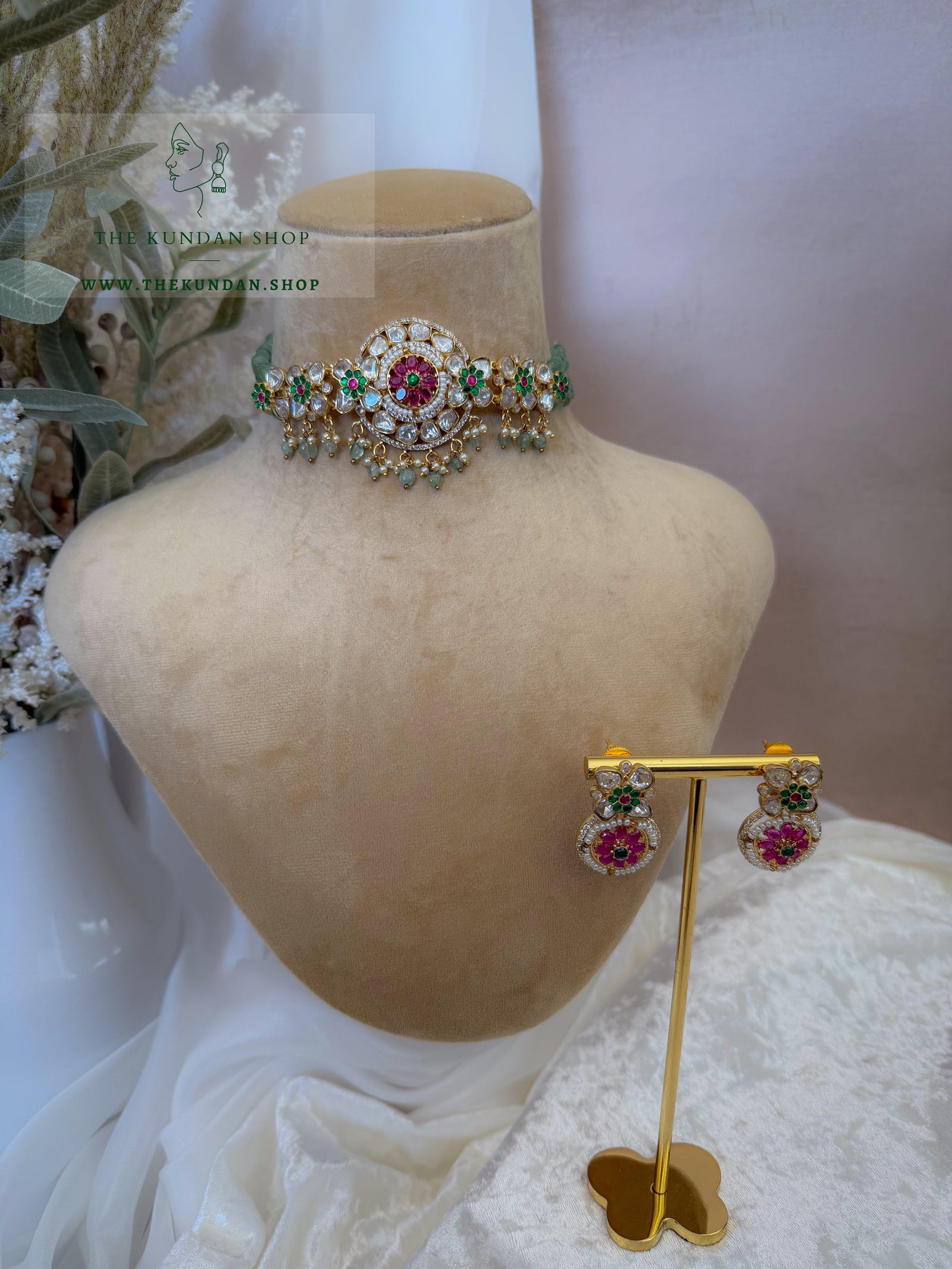Dainty Petals in Pink & Mint 2.0 Necklace Sets THE KUNDAN SHOP 