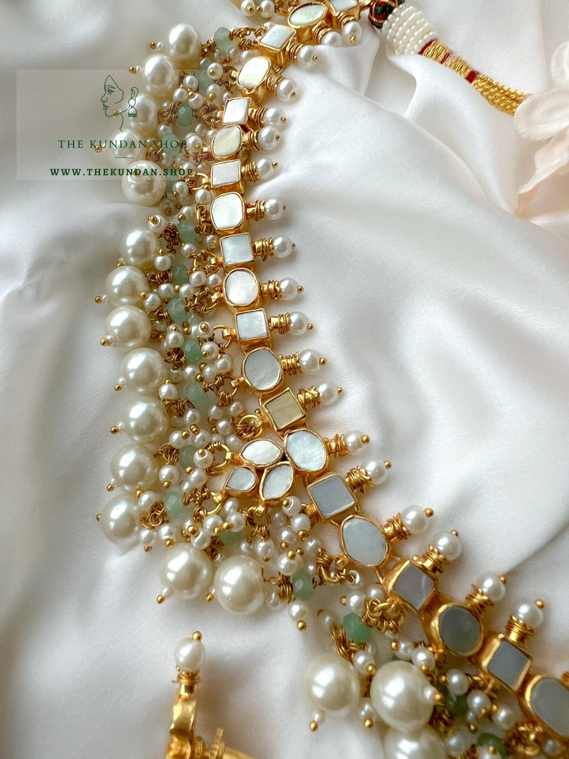 Calm in Mother of Pearl & Mint Necklace Sets THE KUNDAN SHOP 