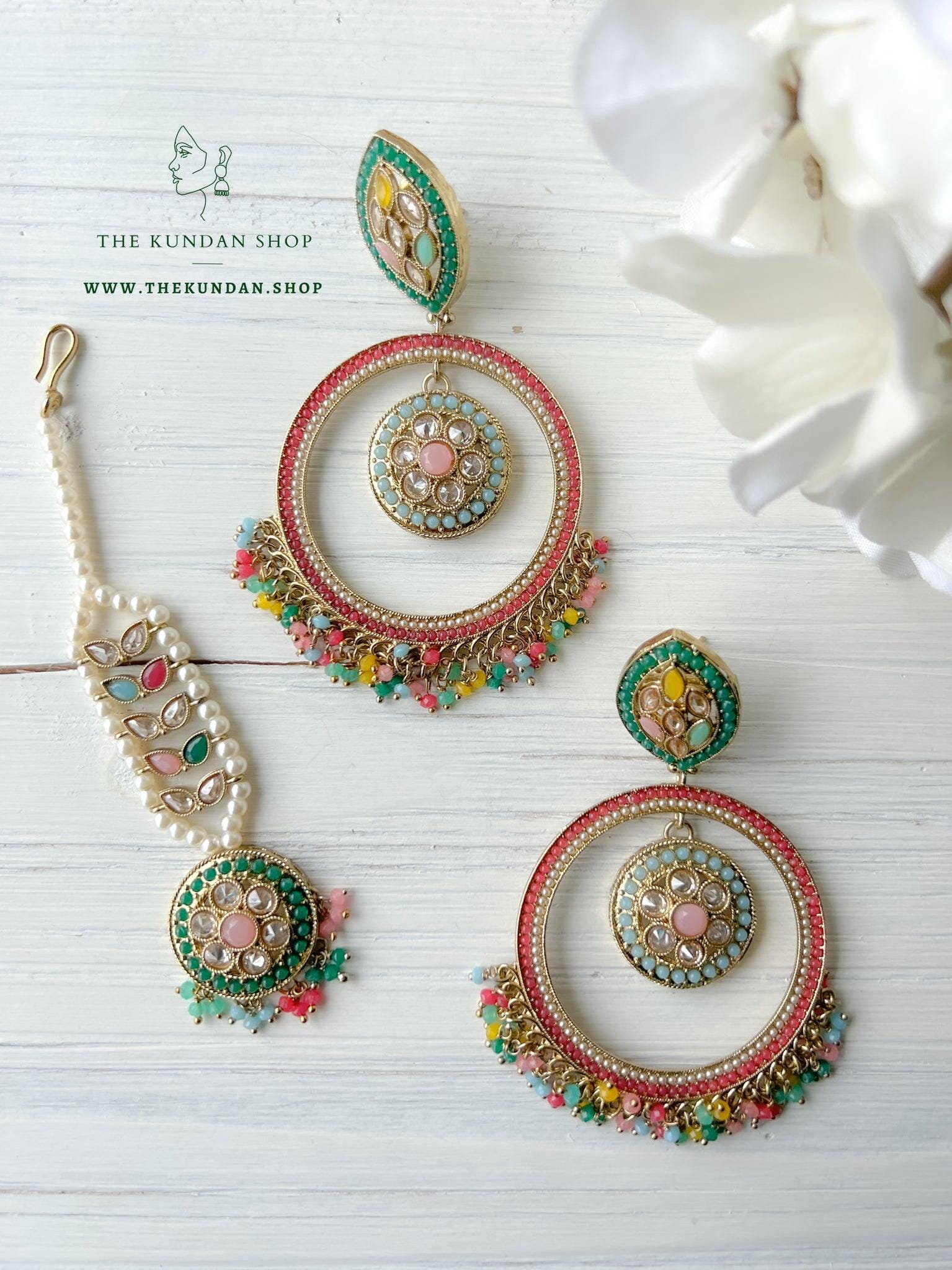 Ardent in Multi Color Earrings + Tikka THE KUNDAN SHOP 