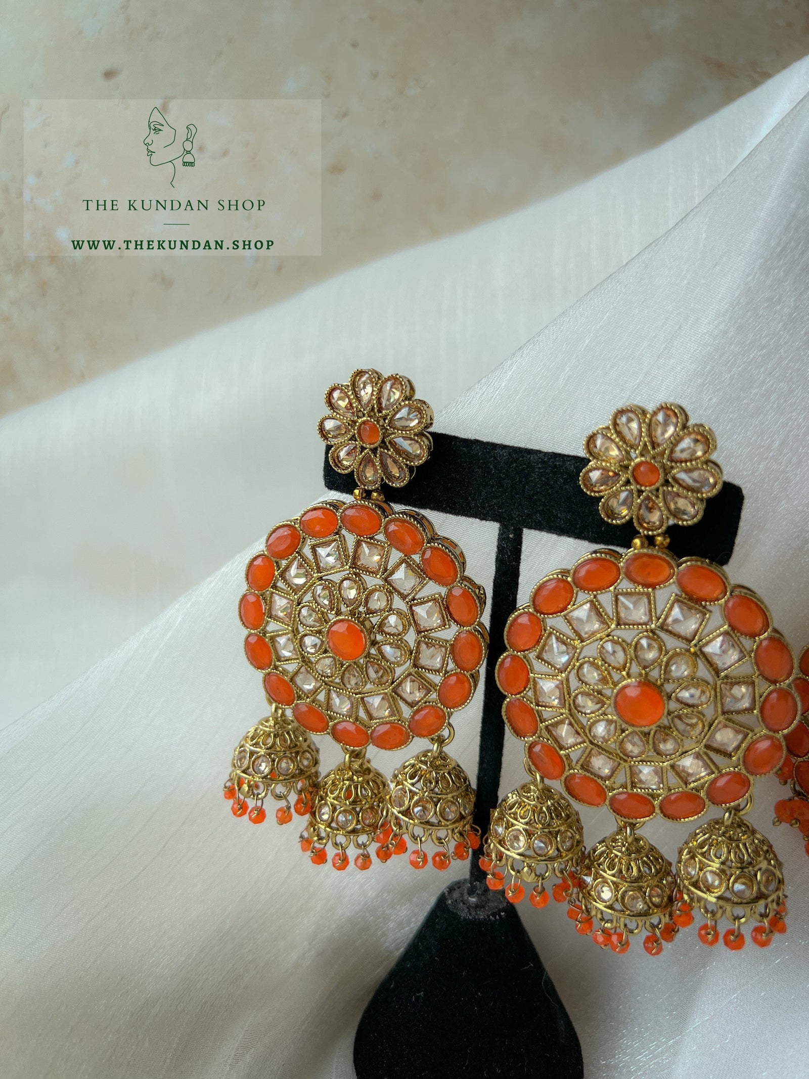 Willing in Orange Earrings + Tikka THE KUNDAN SHOP 