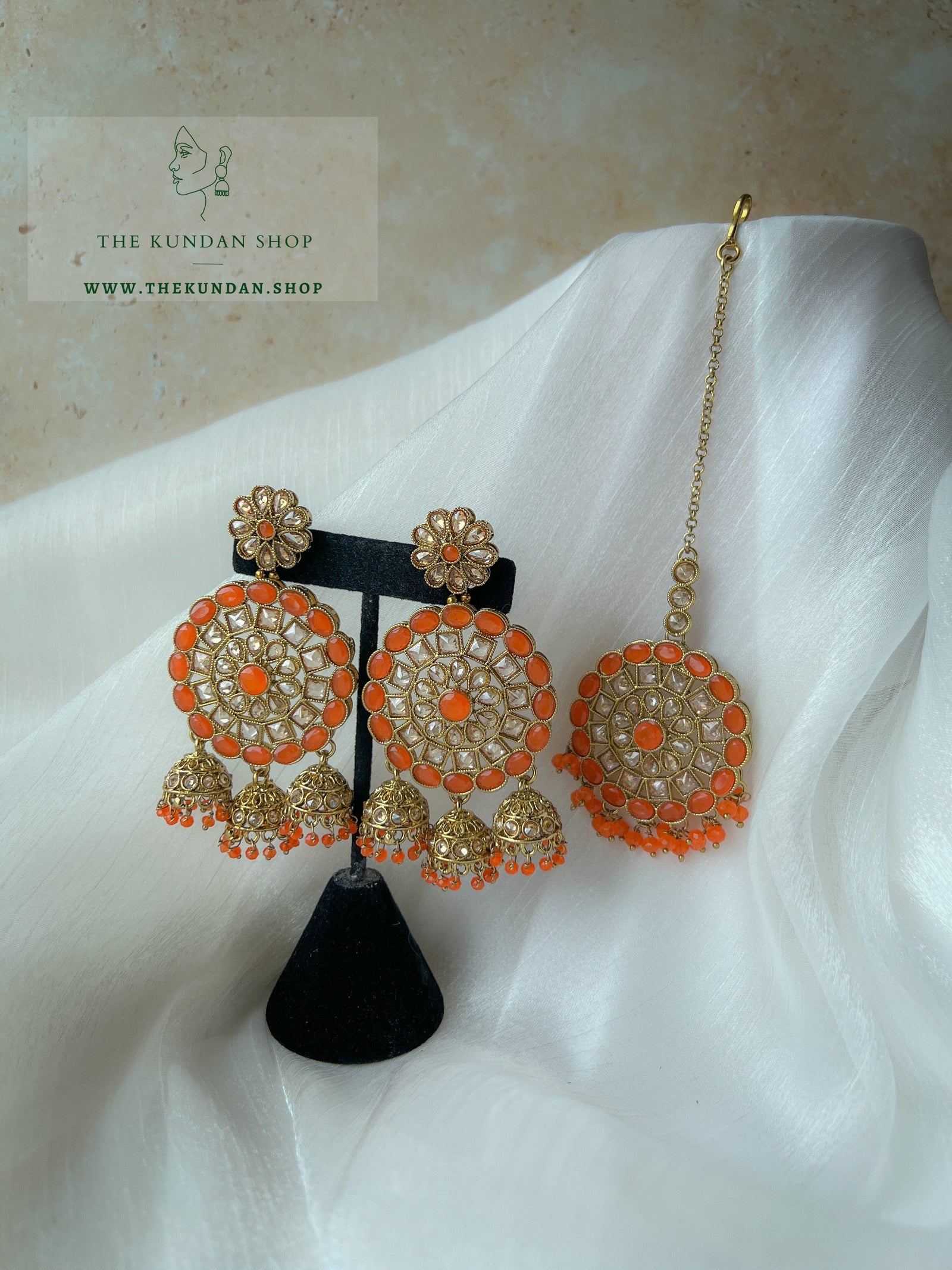 Willing in Orange Earrings + Tikka THE KUNDAN SHOP 