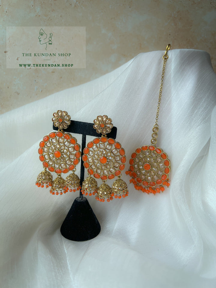 Willing in Orange Earrings + Tikka THE KUNDAN SHOP 