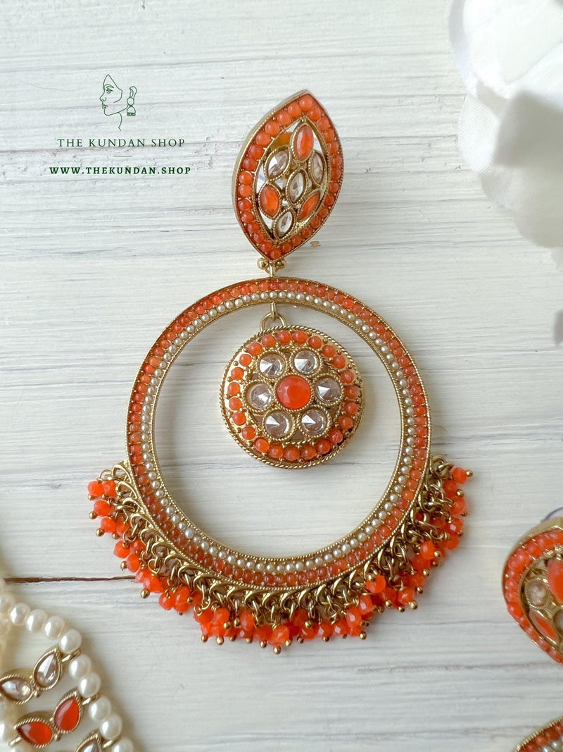 Ardent in Orange Earrings + Tikka THE KUNDAN SHOP 