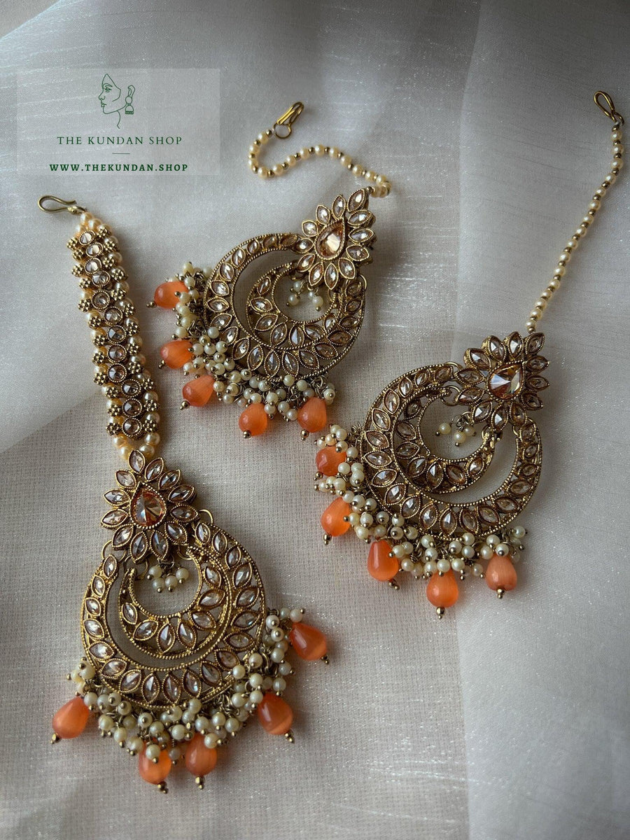 Candor in Orange Earrings + Tikka THE KUNDAN SHOP 