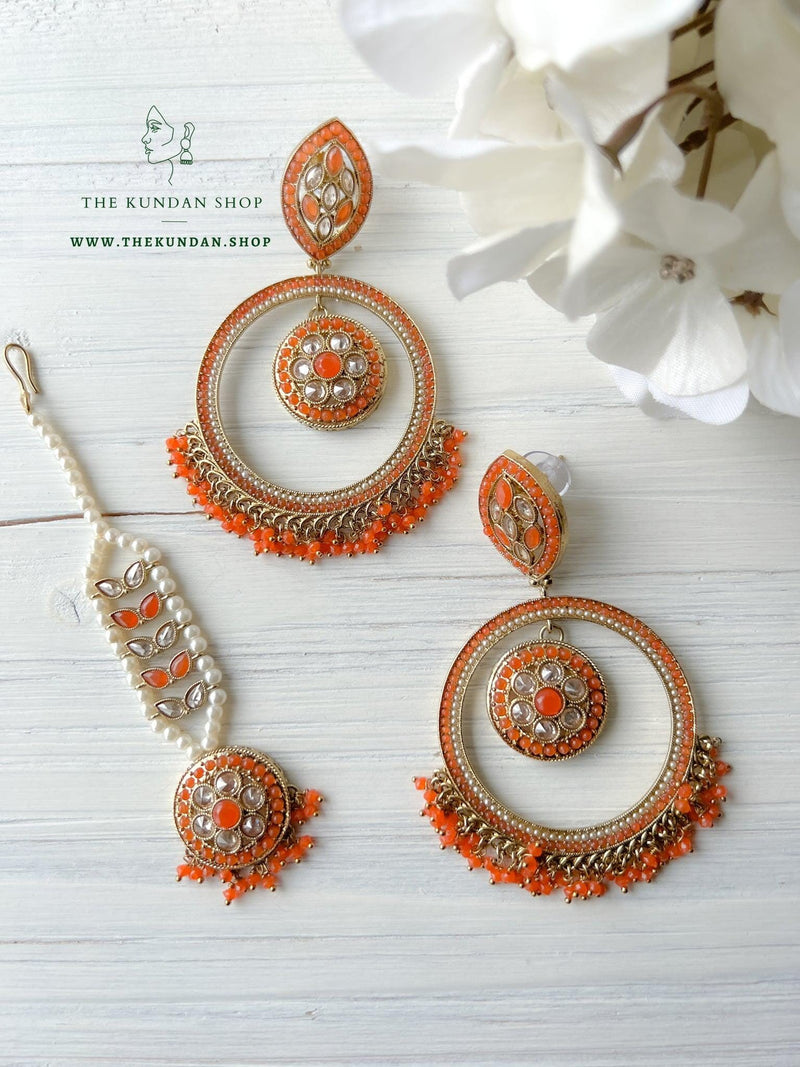 Ardent in Orange Earrings + Tikka THE KUNDAN SHOP 