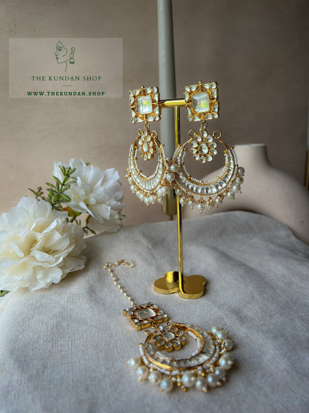 Affluent in Pearl Earrings + Tikka THE KUNDAN SHOP 