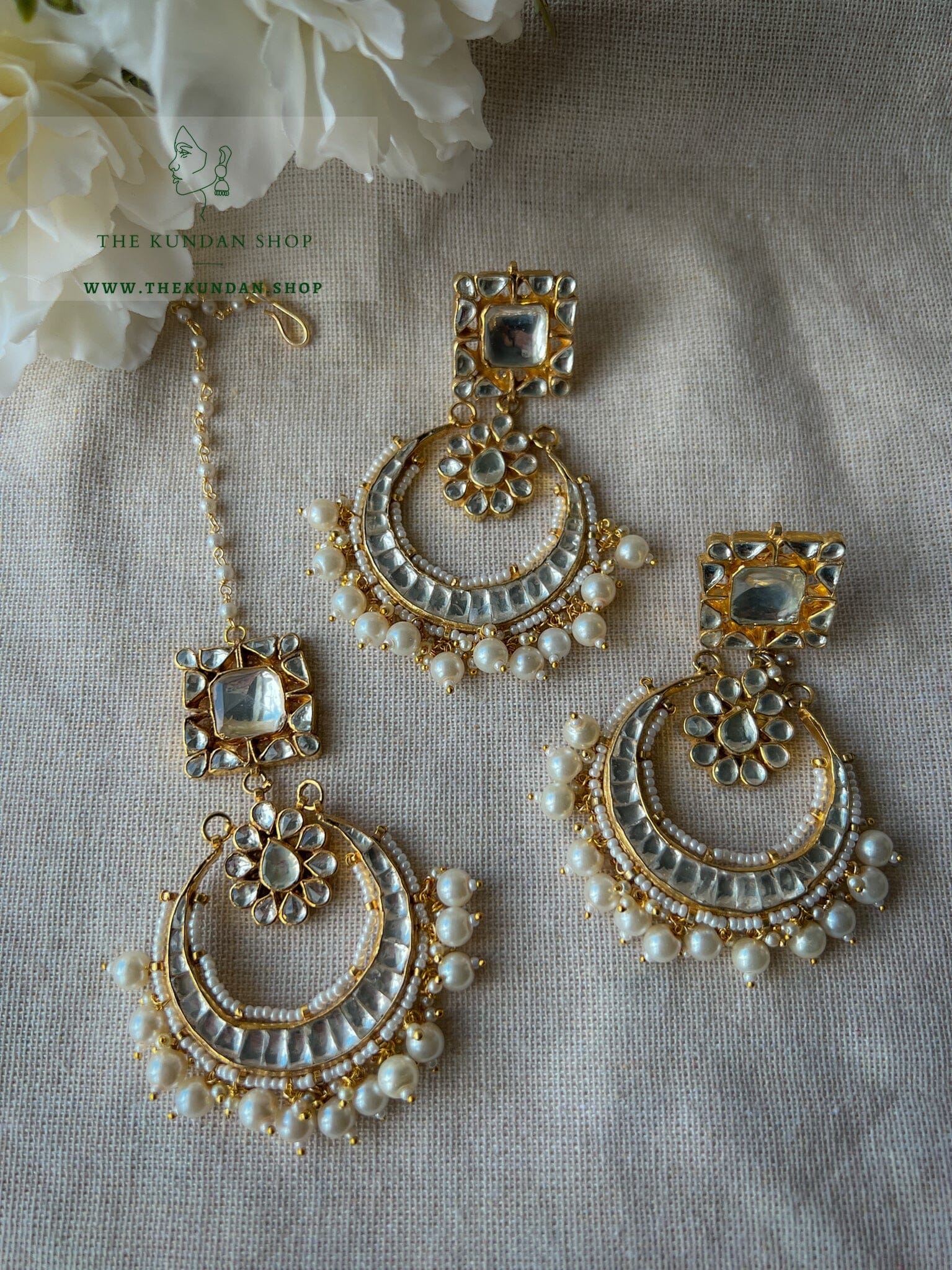 Affluent in Pearl Earrings + Tikka THE KUNDAN SHOP 