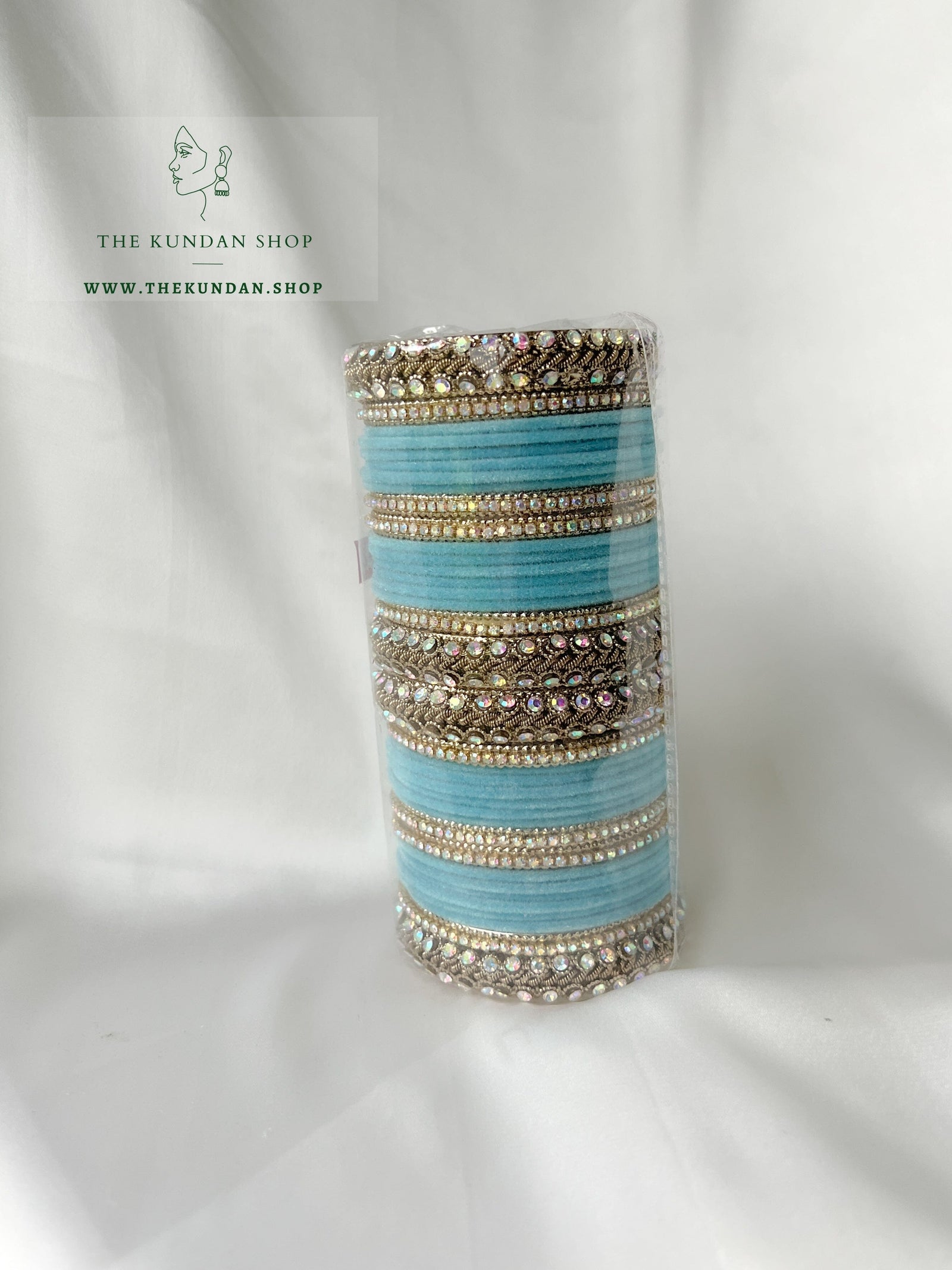 Iridescent Stones & Velvet in Light Blue Bangles THE KUNDAN SHOP 