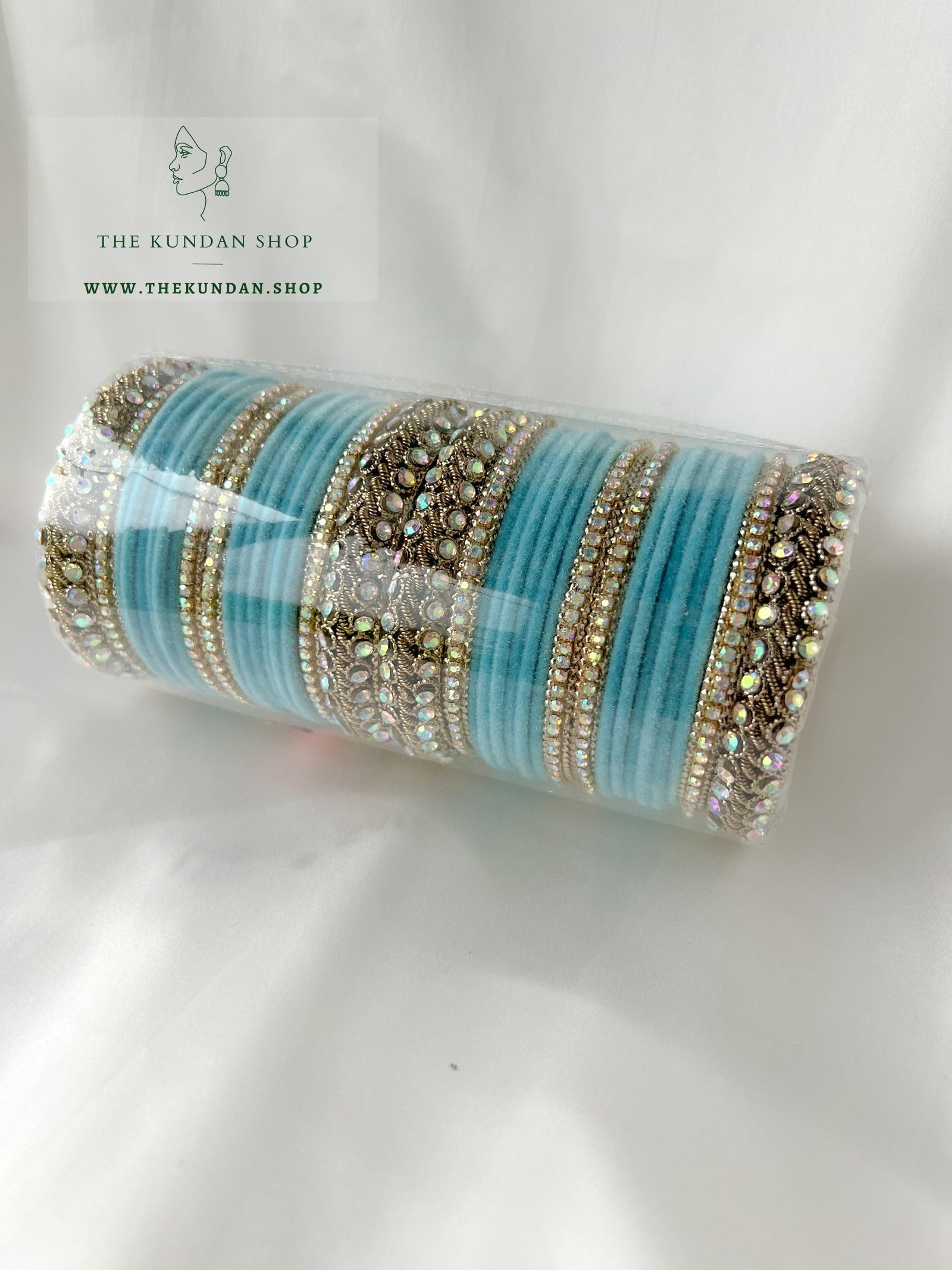 Iridescent Stones & Velvet in Light Blue Bangles THE KUNDAN SHOP 