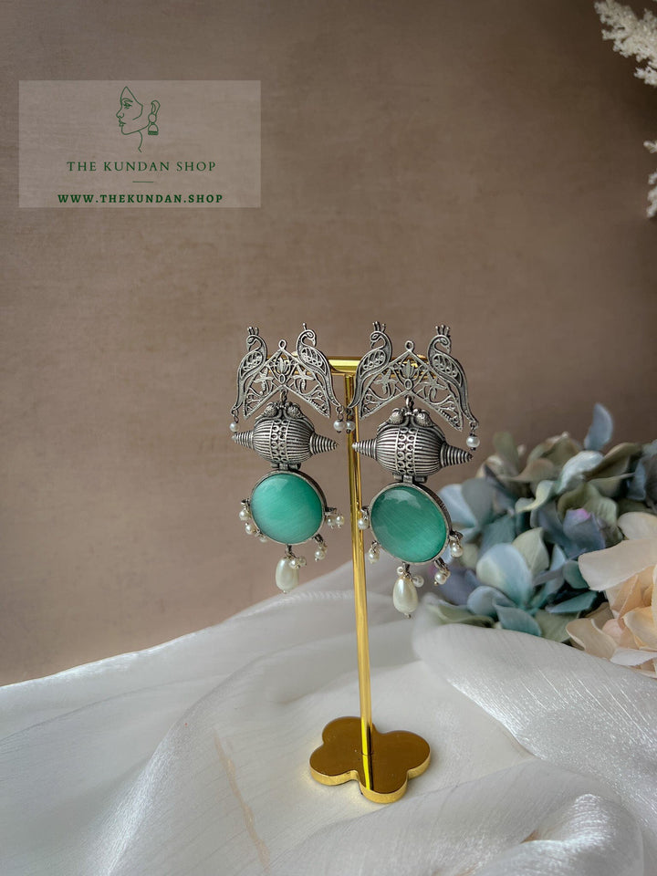 Oxidized Peacock Stones Earrings THE KUNDAN SHOP Teal 