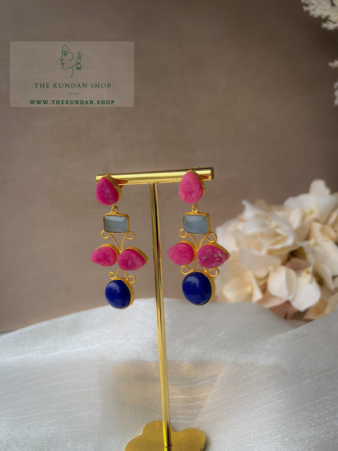 Dual Stone Drops Earrings THE KUNDAN SHOP Pink + Blue 