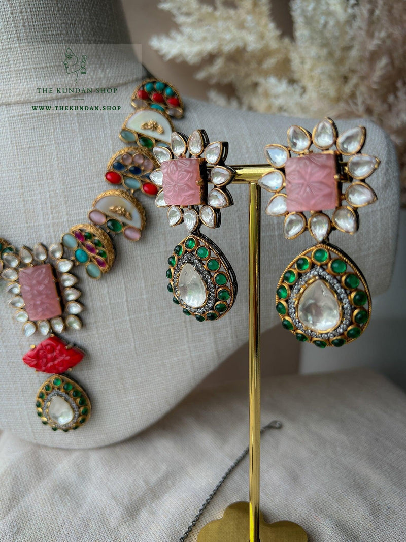 Pink Fusion Carved Set Necklace Sets THE KUNDAN SHOP 