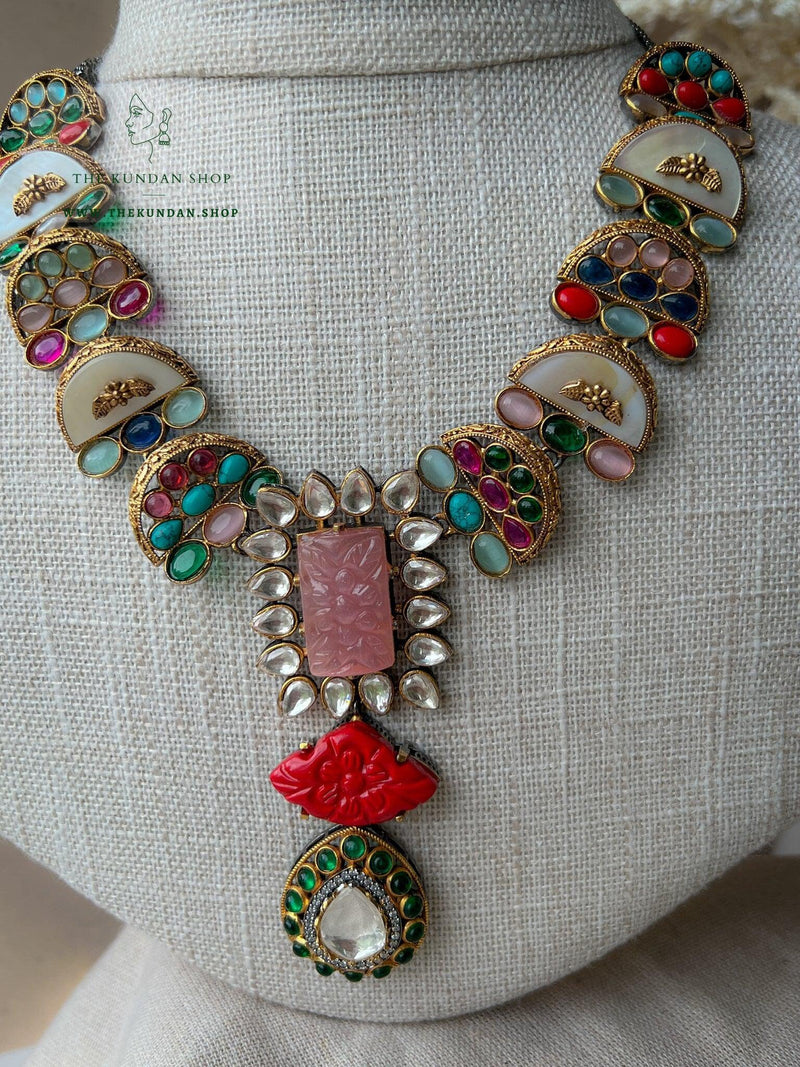 Pink Fusion Carved Set Necklace Sets THE KUNDAN SHOP 
