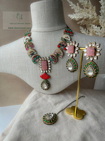 Pink Fusion Carved Set Necklace Sets THE KUNDAN SHOP 