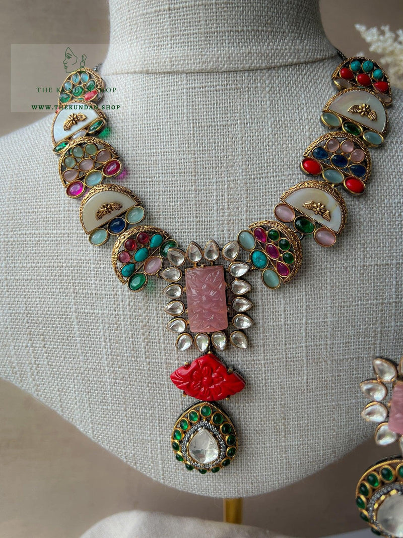 Pink Fusion Carved Set Necklace Sets THE KUNDAN SHOP 