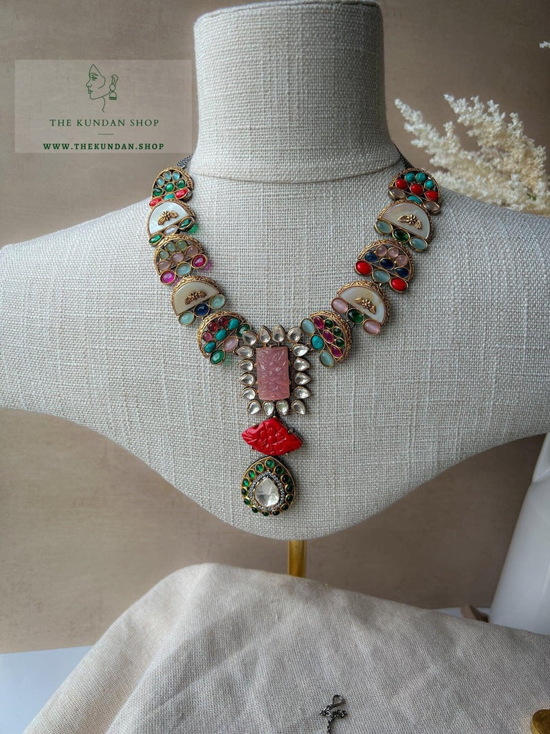 Pink Fusion Carved Set Necklace Sets THE KUNDAN SHOP 