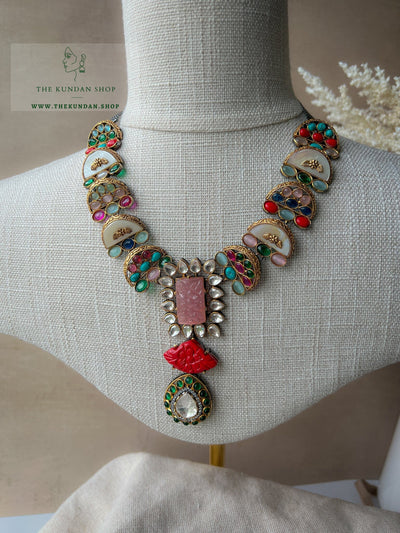 Pink Fusion Carved Set Necklace Sets THE KUNDAN SHOP 