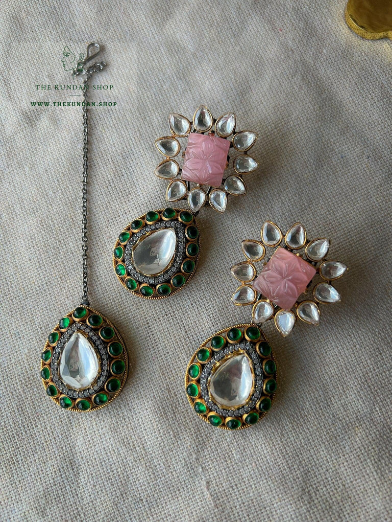 Pink Fusion Carved Set Necklace Sets THE KUNDAN SHOP 