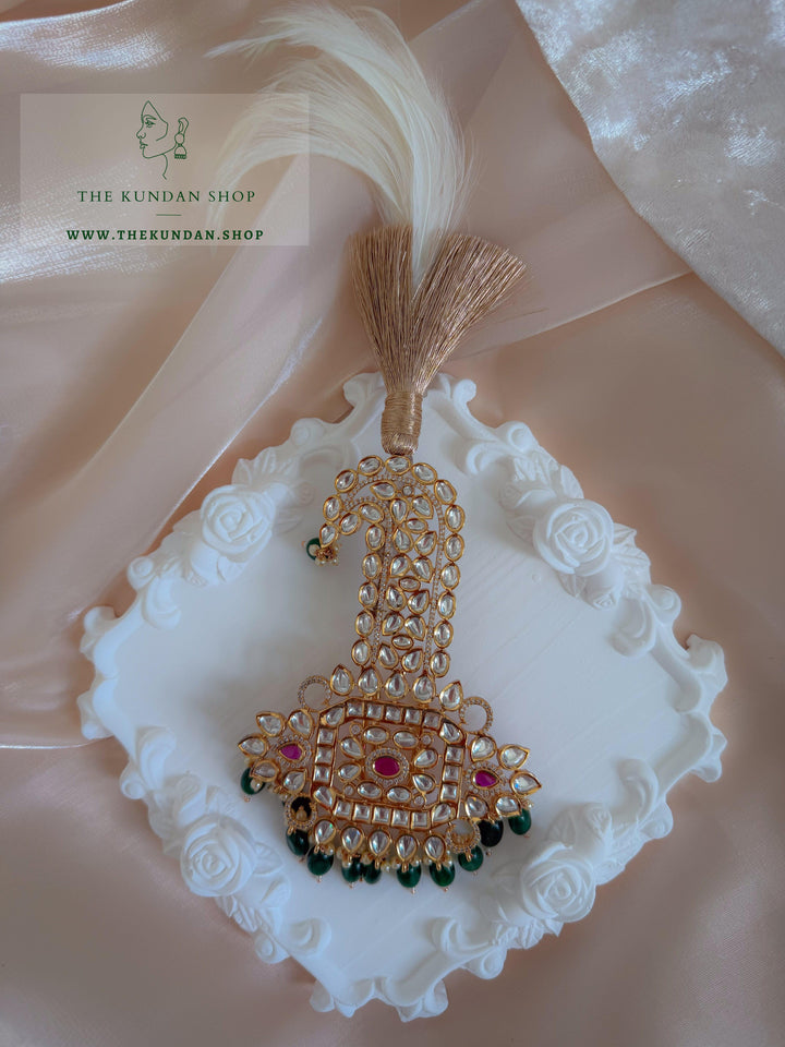 Regal Pink &amp; Green Kundan Kalgi Kalgi THE KUNDAN SHOP 