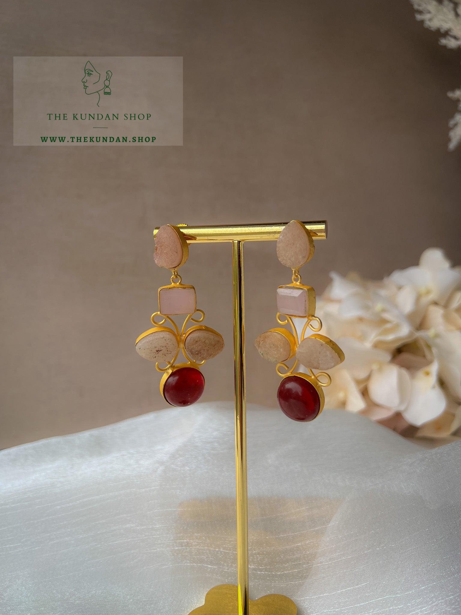 Dual Stone Drops Earrings THE KUNDAN SHOP Pink + Maroon 