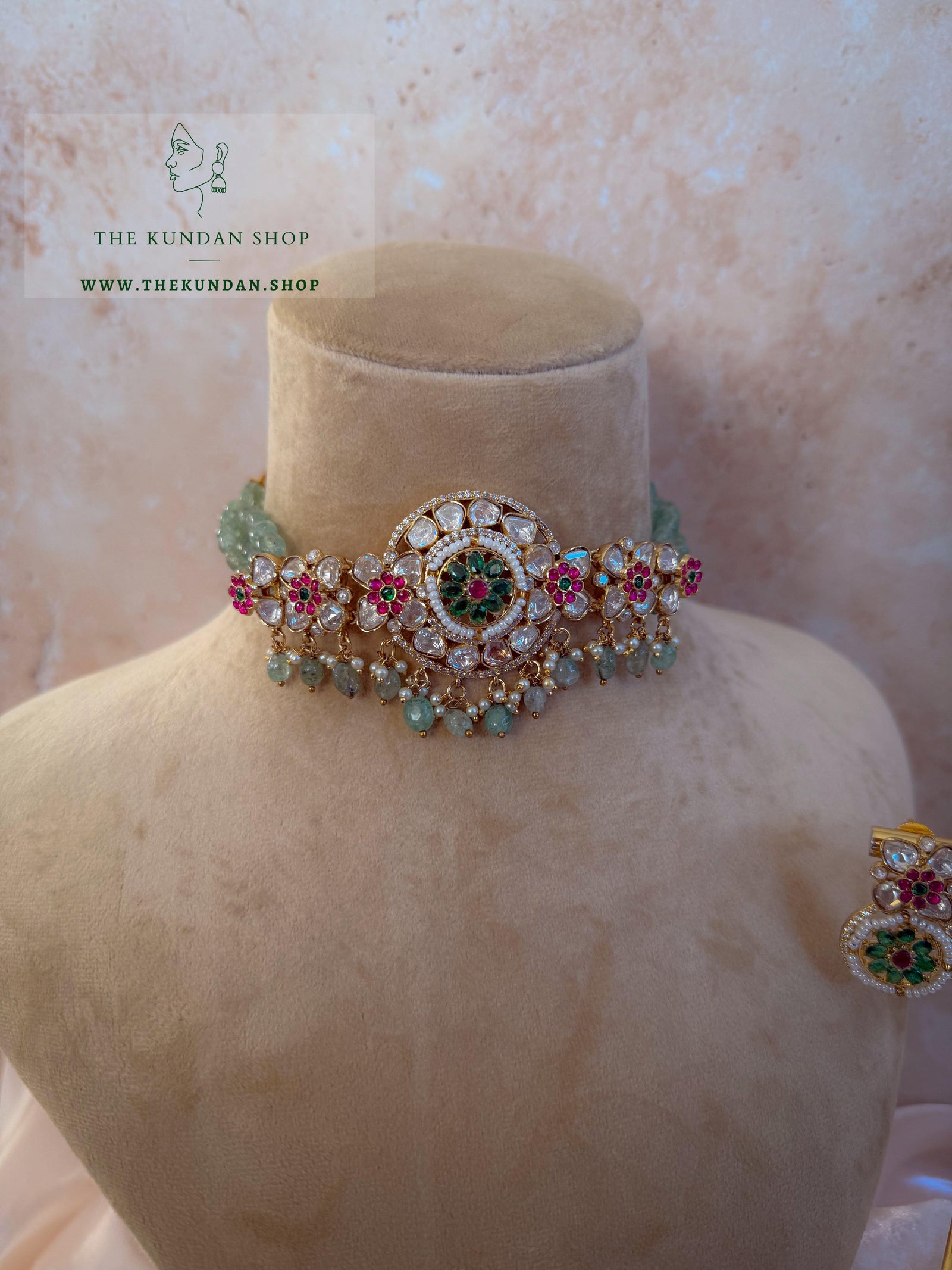 Dainty Petals in Pink & Mint Necklace Sets THE KUNDAN SHOP 