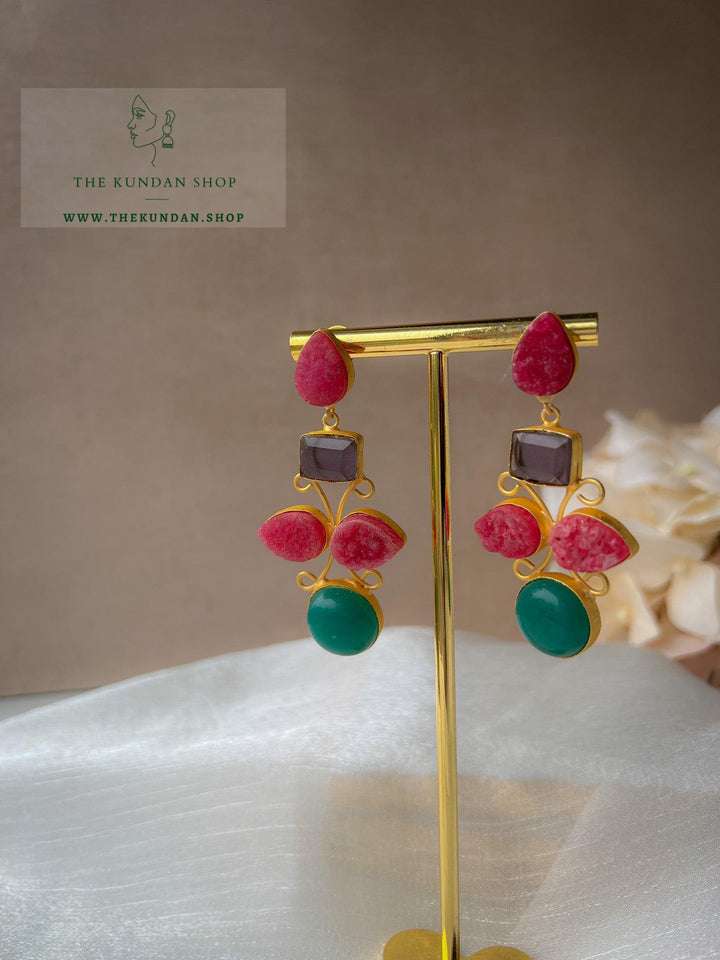 Dual Stone Drops Earrings THE KUNDAN SHOP Pink + Teal 