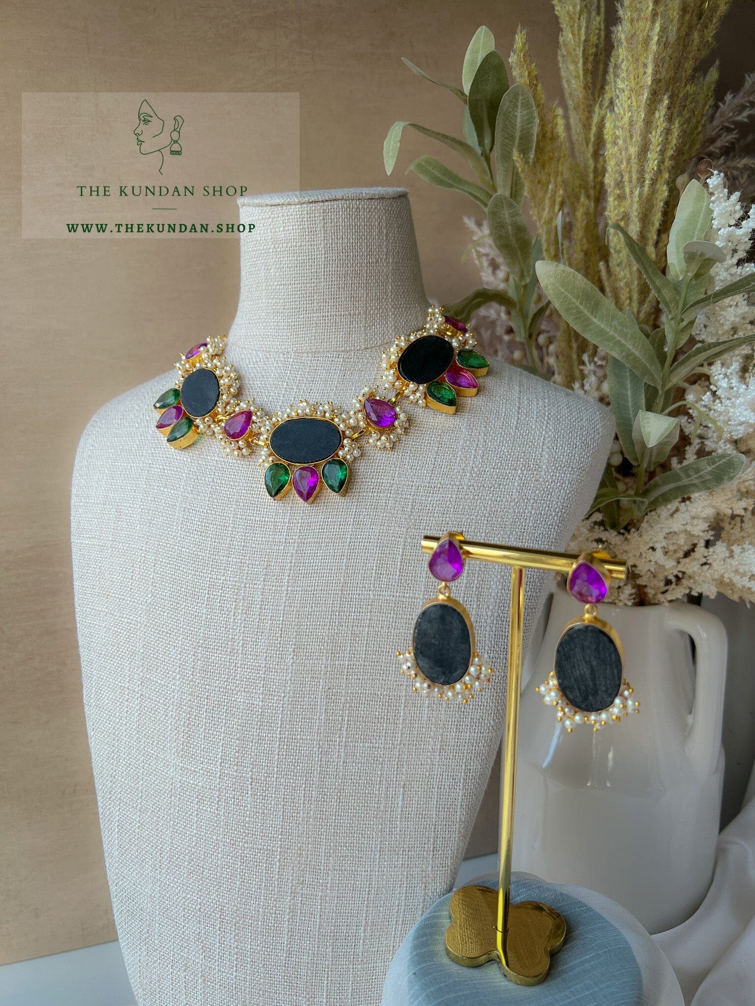 Evening Grey Stone in Purple & Green Necklace Sets THE KUNDAN SHOP 