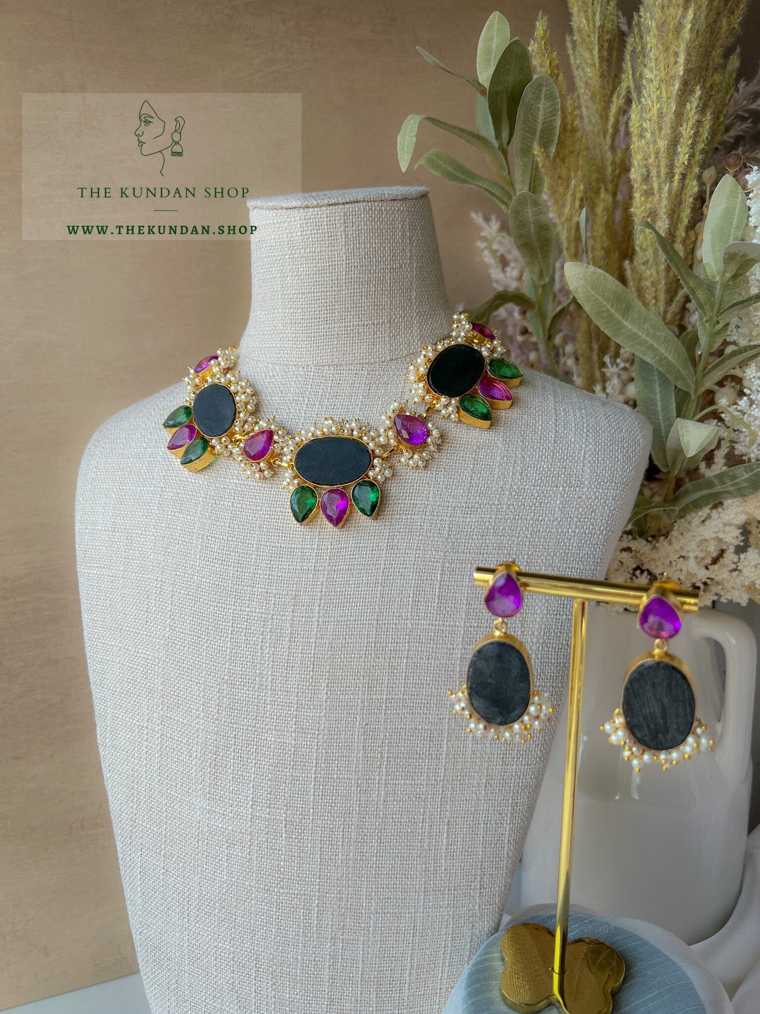 Evening Grey Stone in Purple & Green Necklace Sets THE KUNDAN SHOP 