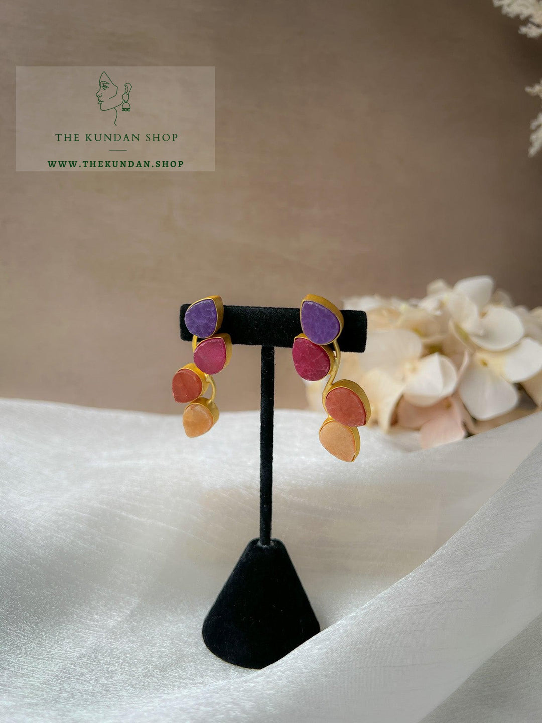 Teardrop Stones Earrings THE KUNDAN SHOP Purple + Peach 