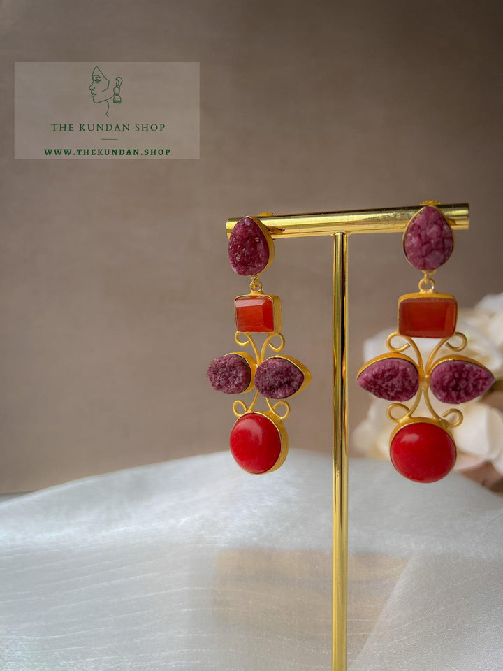 Dual Stone Drops Earrings THE KUNDAN SHOP Purple + Red 