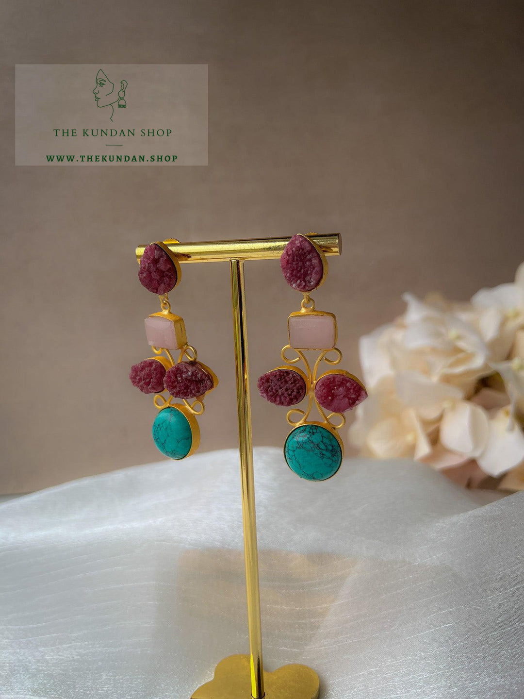 Dual Stone Drops Earrings THE KUNDAN SHOP Purple + Teal 