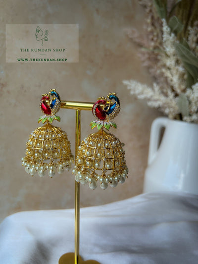 Moorni Cage Jhumkis Earrings THE KUNDAN SHOP Ruby & Blue 