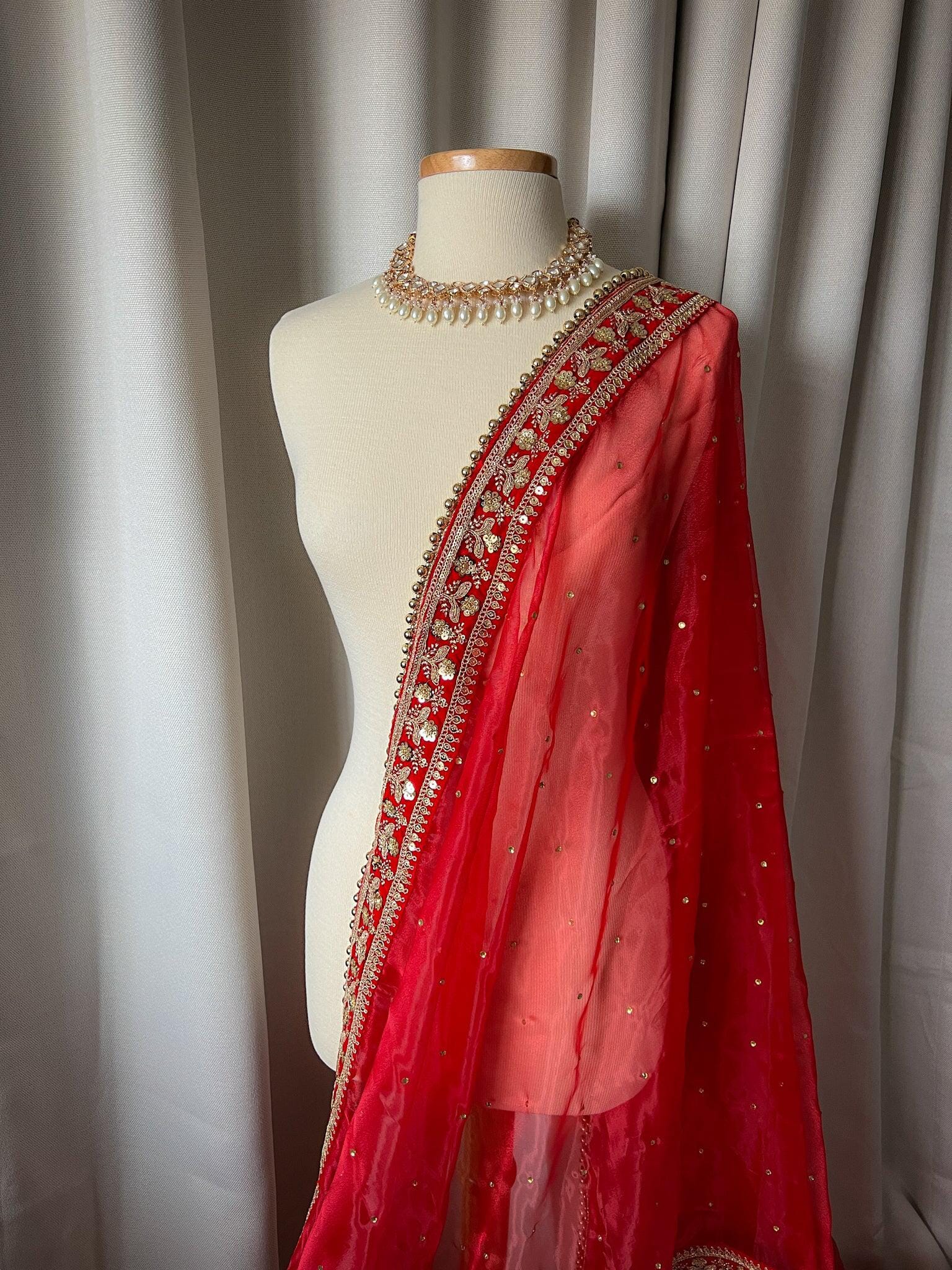 Red Organza Dupatta Dupatta THE KUNDAN SHOP 