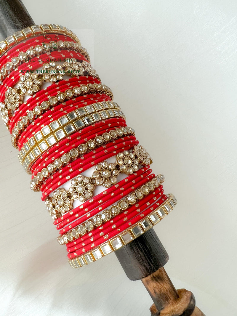 Floral Stones in Red Bangles THE KUNDAN SHOP 