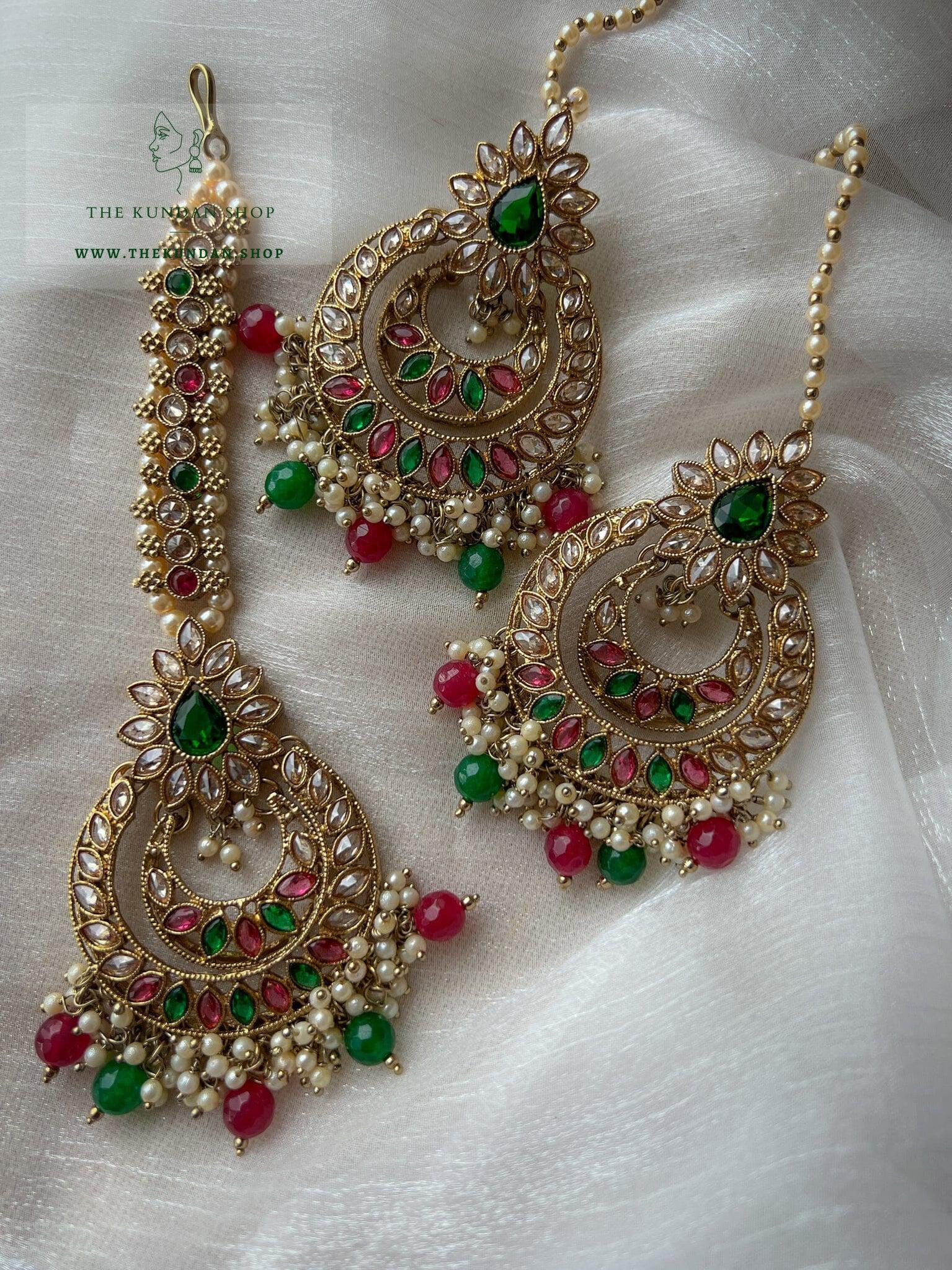 Candor in Ruby & Green Earrings + Tikka THE KUNDAN SHOP 