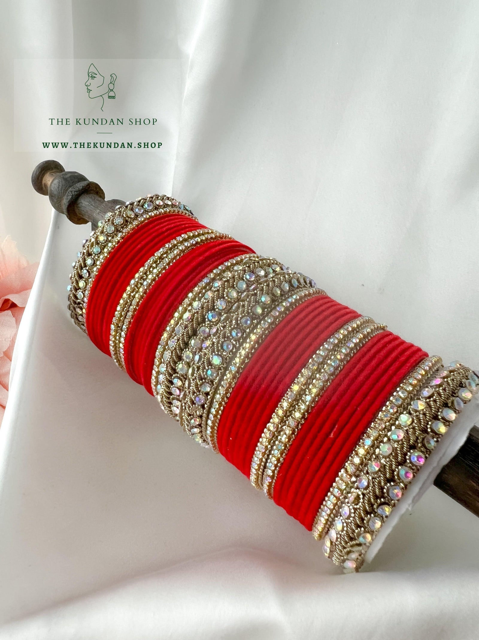 Iridescent Stones & Velvet in Red Bangles THE KUNDAN SHOP 