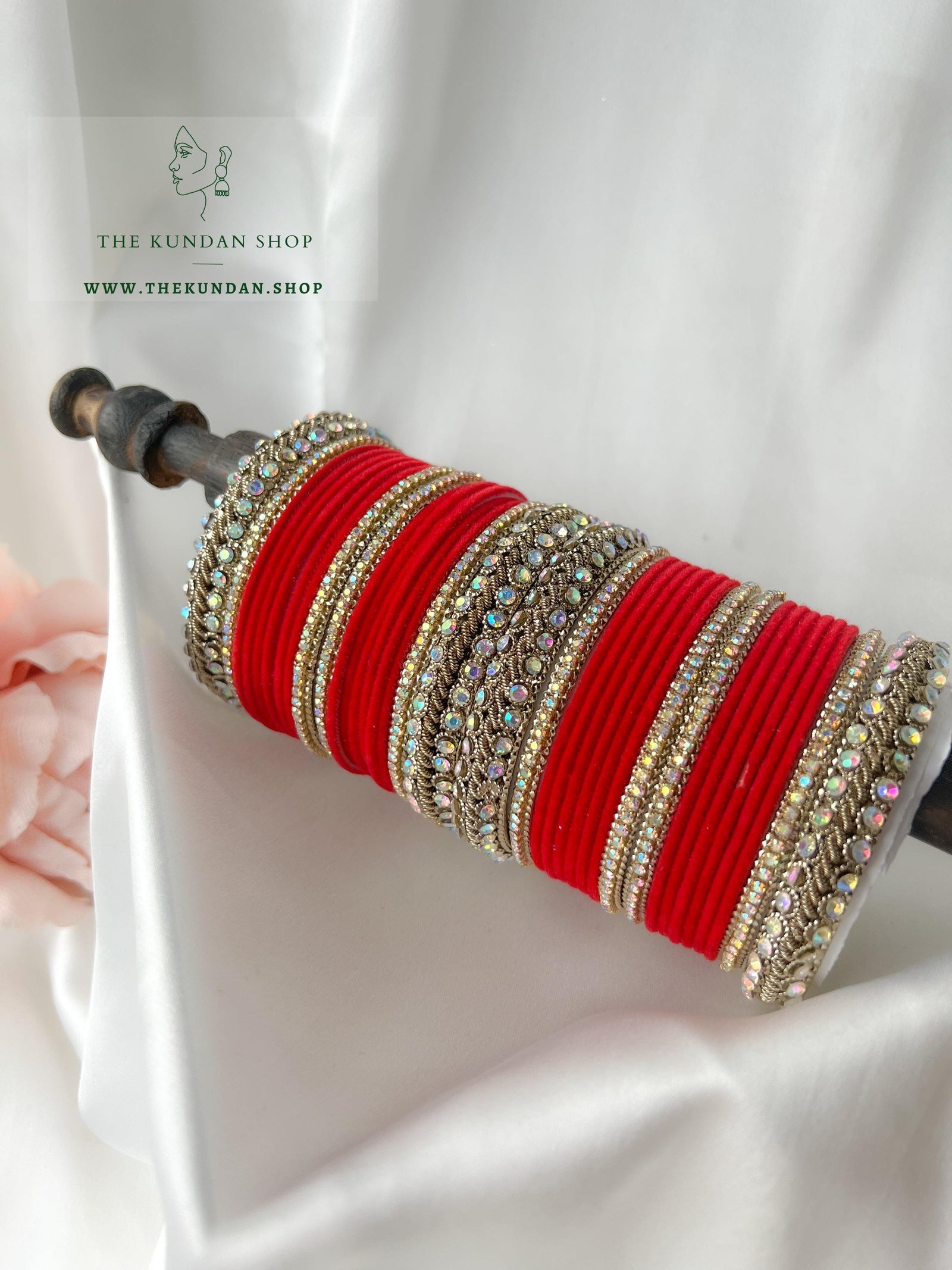 Iridescent Stones & Velvet in Red Bangles THE KUNDAN SHOP 