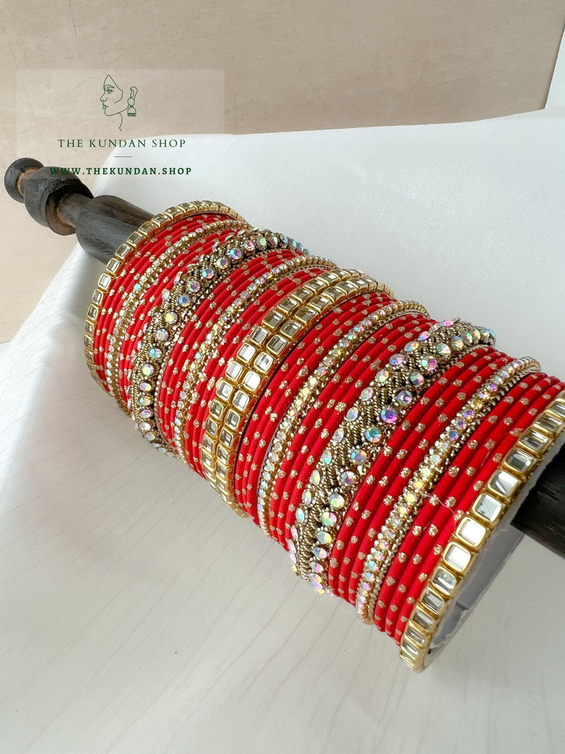 Iridescent Center Stones in Red Bangles THE KUNDAN SHOP 